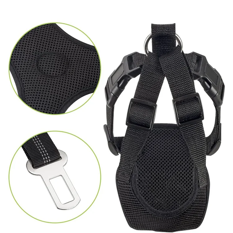 SlowTon Dog Car Harness Plus Connector Strap Multifunction Adjustable Vest Harness Double Breathable Mesh Fabric with Car Vehicle Safety Seat Belt 