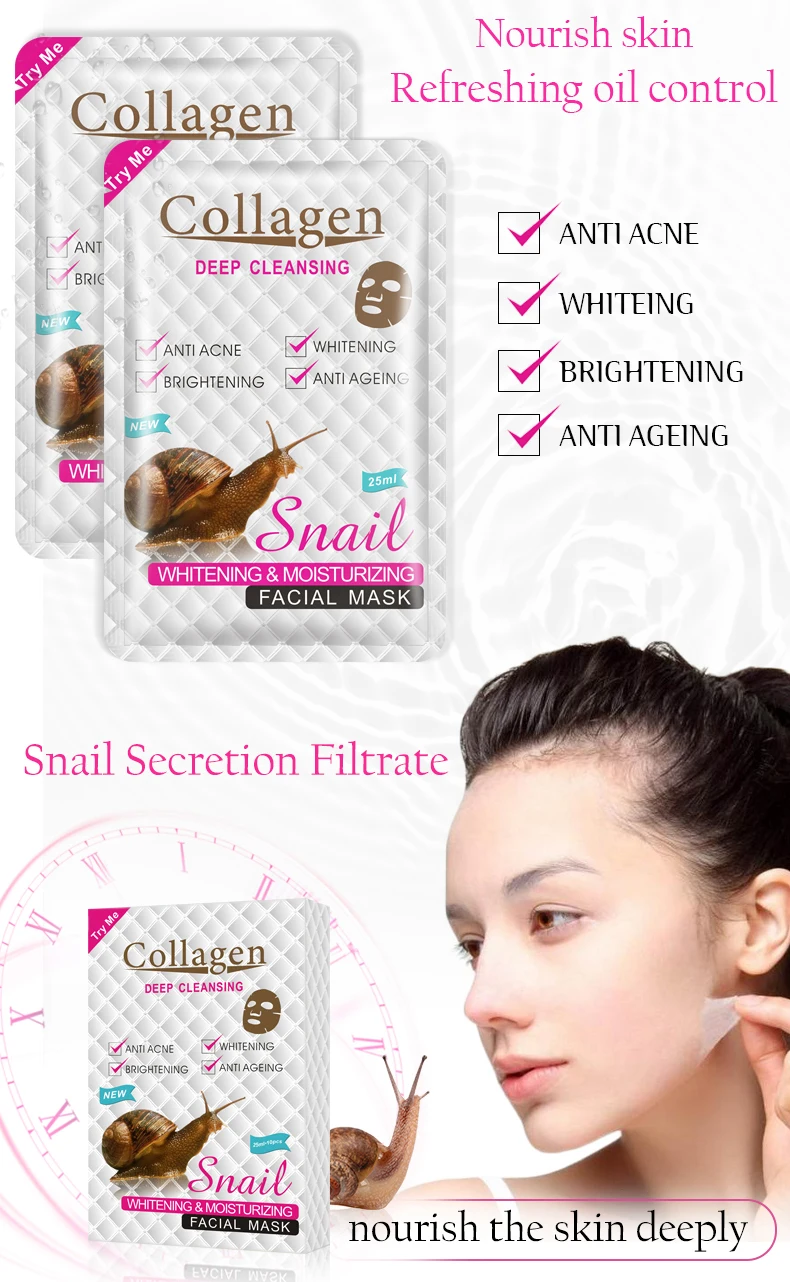 Organic Facial Whitening Face Mask with Female Snail Collagen Sheet Unisex Skin Care Containing Mineral and Shea Butter