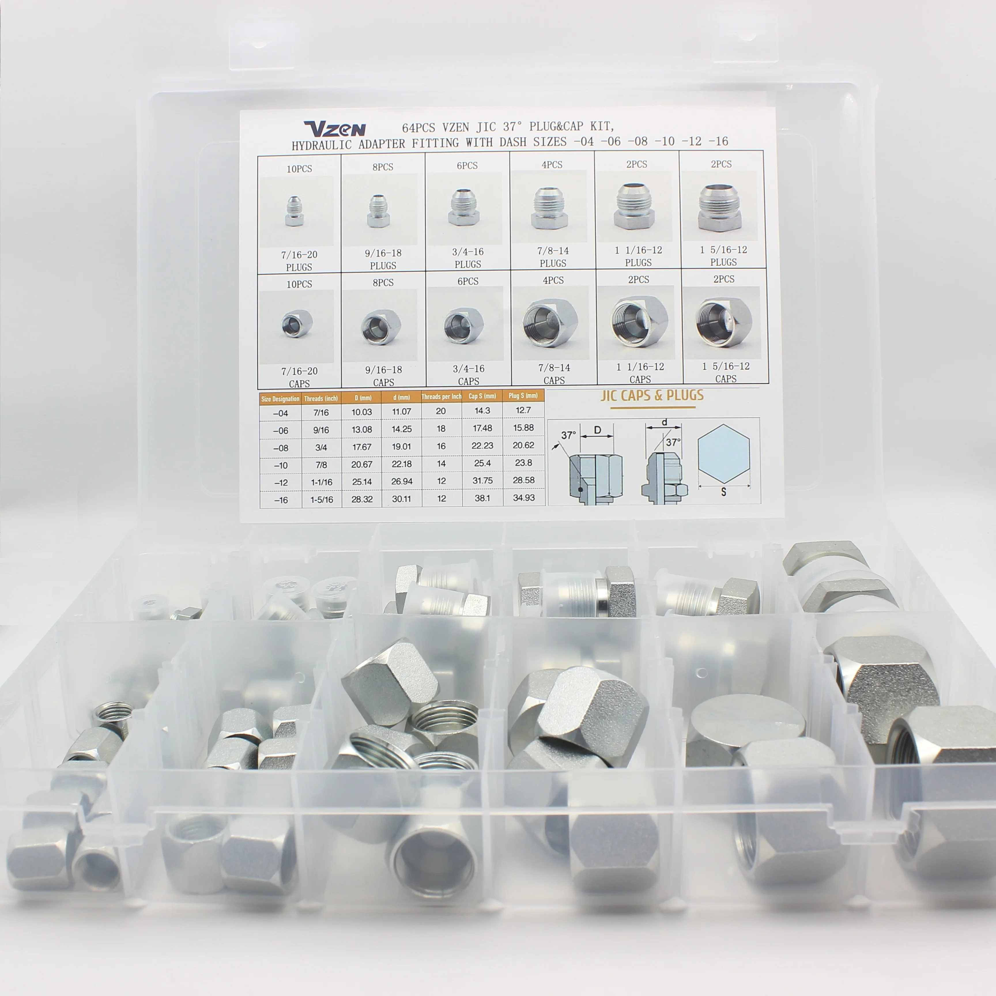 64pcs Vzen Jic Plug&cap Kits,Hydraulic Adapter Fitting With Dash Sizes
