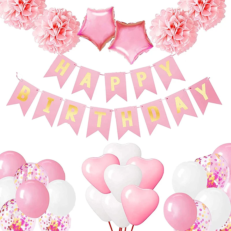 Birthday Decorations Girls, Happy Birthday Bunting Banner Balloons Set with Tissue Paper Pompoms and Pink Balloons
