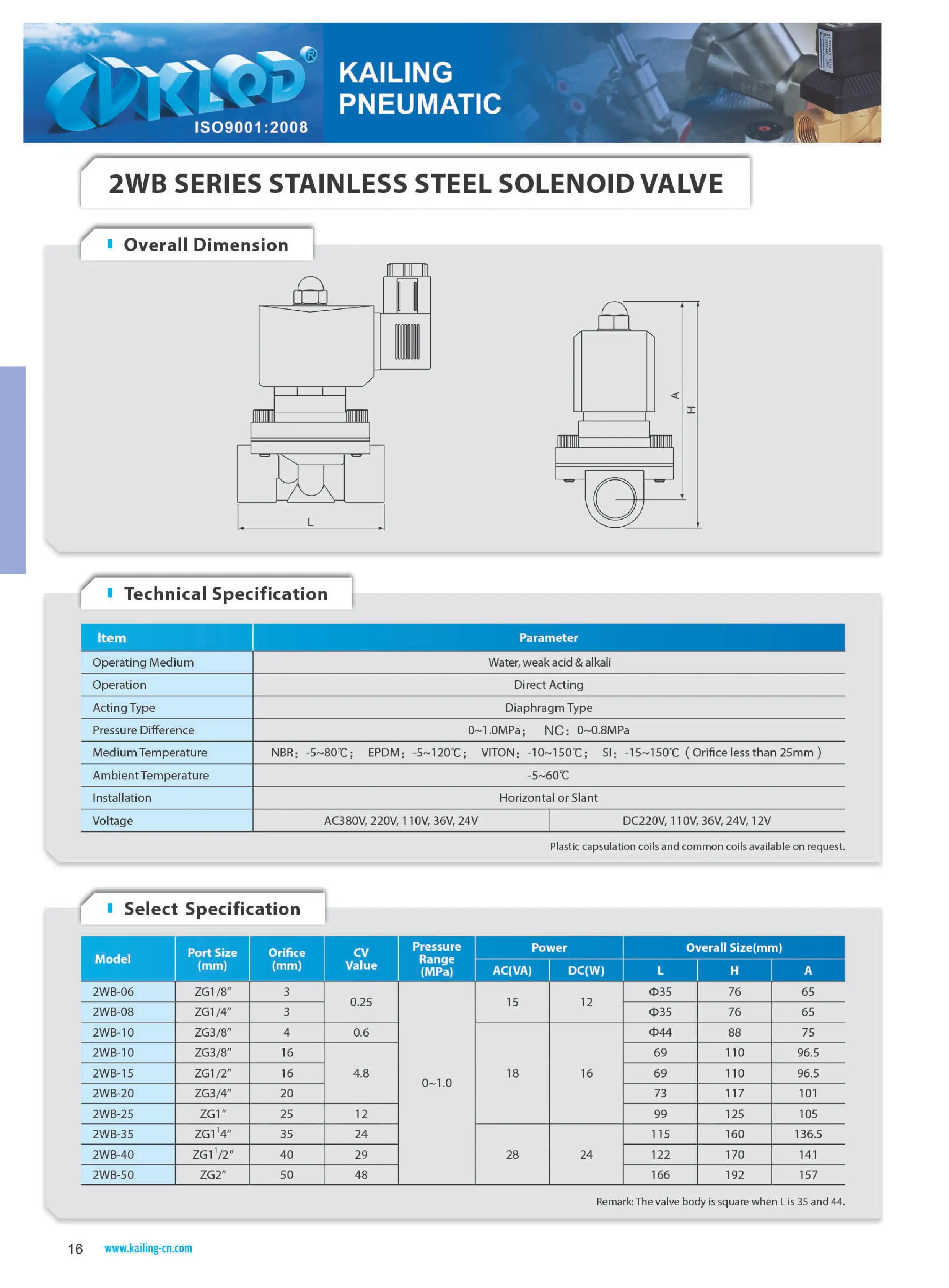 Ningbo Kailing 2wb 2way Fluid Keeping Solenoid With Stainless Steel