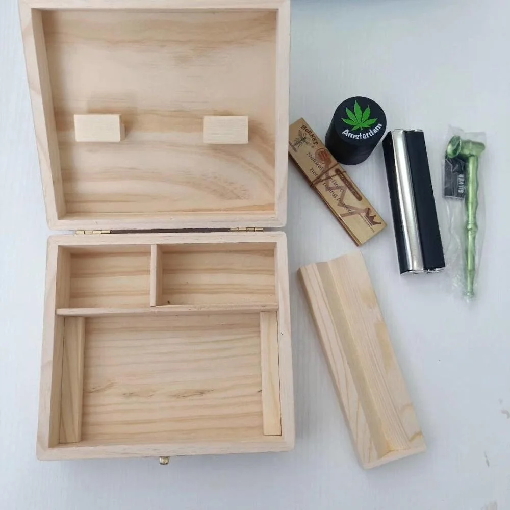 Custom Printed Bamboo Weed Tobacco Smoking Stash Box With Grinder