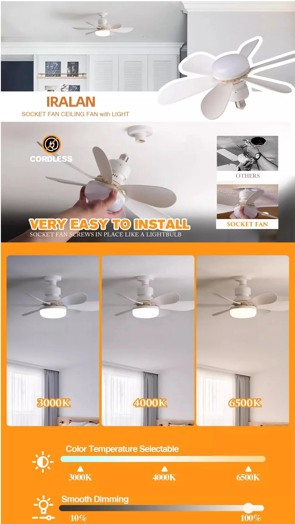 Modern Six-Leaf Flower Fan Light E27 LED Ceiling Fan with Silent DC Motor 220V for Living Room Bedroom Cross-Border New Design