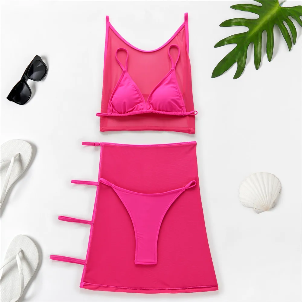 4 pcs swimwear solid fishing net mesh skirt cut
