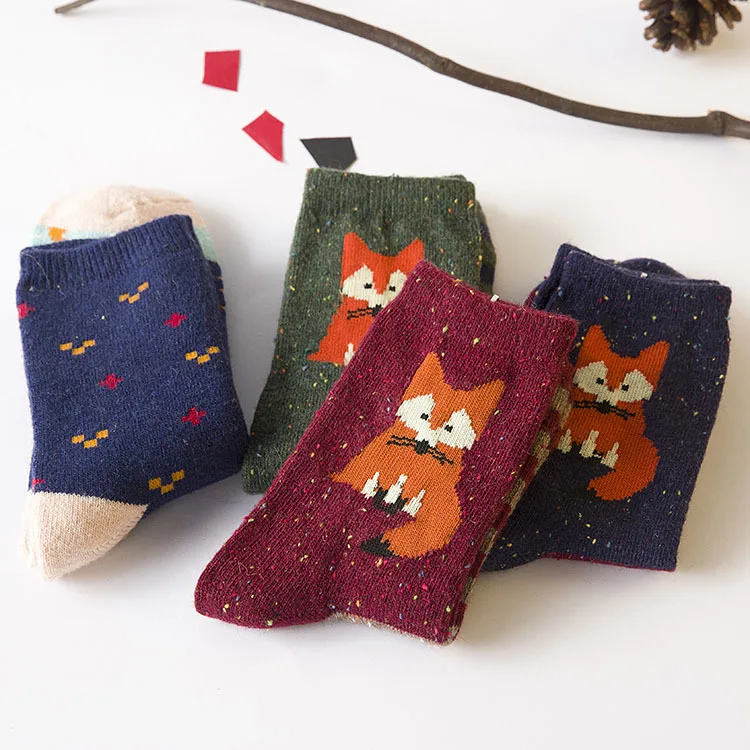 4 Pairs Cartoon Winter Wool Knitted Warm Owl Fox Animal Socks - Buy ...
