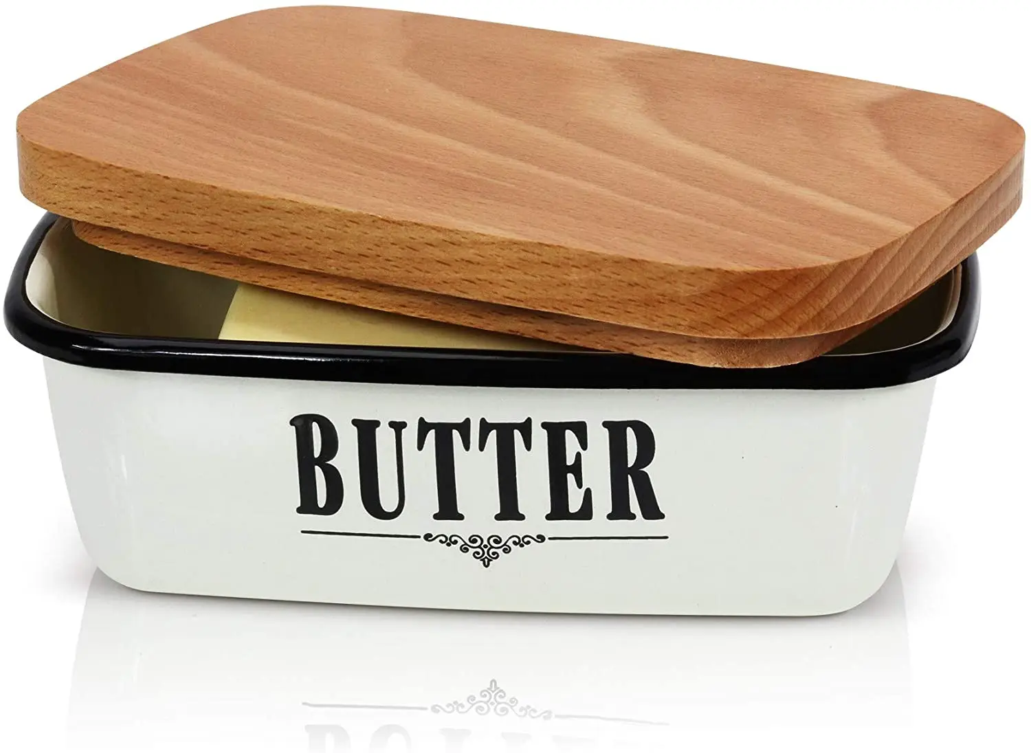 Perfect To Keep Your Butter Soft NEW AND IMPROVED Amy Large Butter Dish Airtight Butter Dishes Imitation Porcelain Container Holds Up to 2 Sticks of Butter with Beech Wooden Lid 