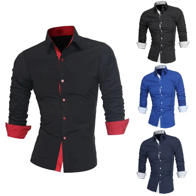 
2019 fashion formal long sleeve contrast slim woven stain spring autumn solid polyester tops men shirts 