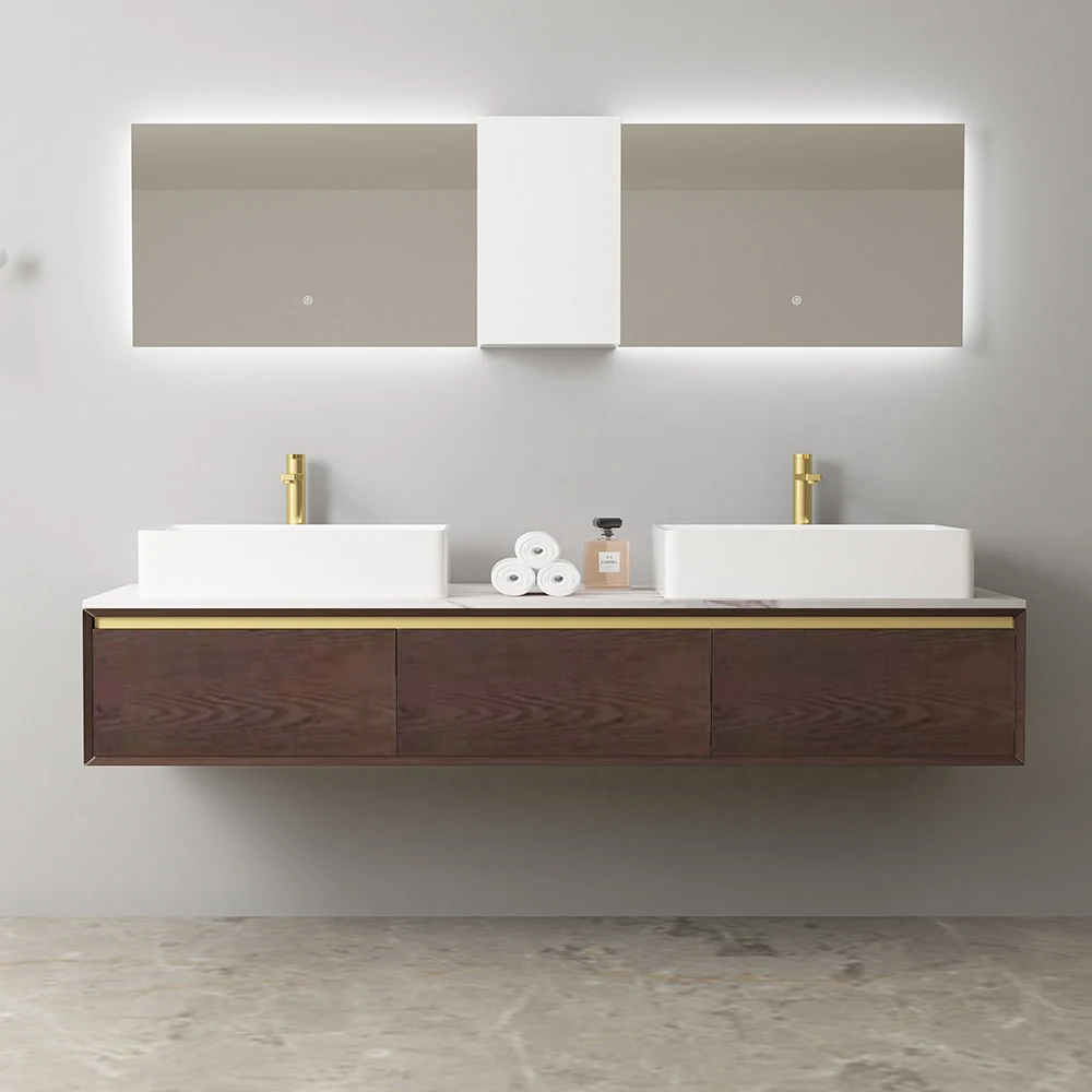 Wall Mounted Dual Sink Walnut Wood Modern Bathroom Vanity Cabinet