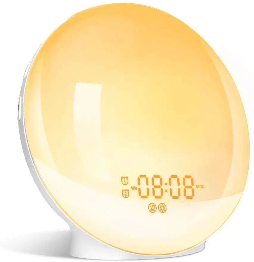 
Hot selling Wake Up Light Alarm Clock with Sunrise Sunset Simulation Dual Alarms Snooze Radio 7 Natural Sound USB Charging port 