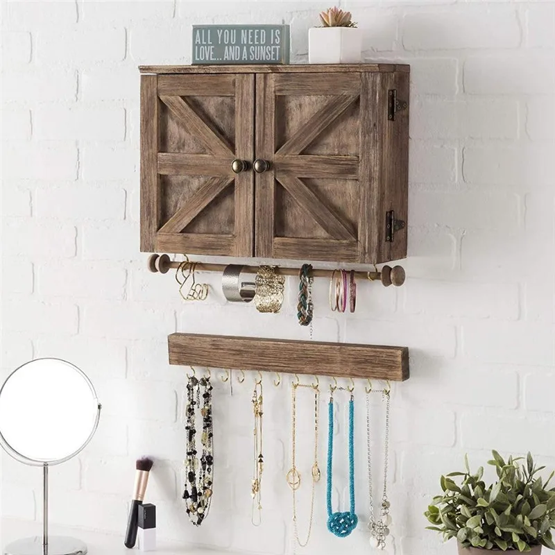 Farmhouse style antique solid wood jewelry organizer box on the Wall