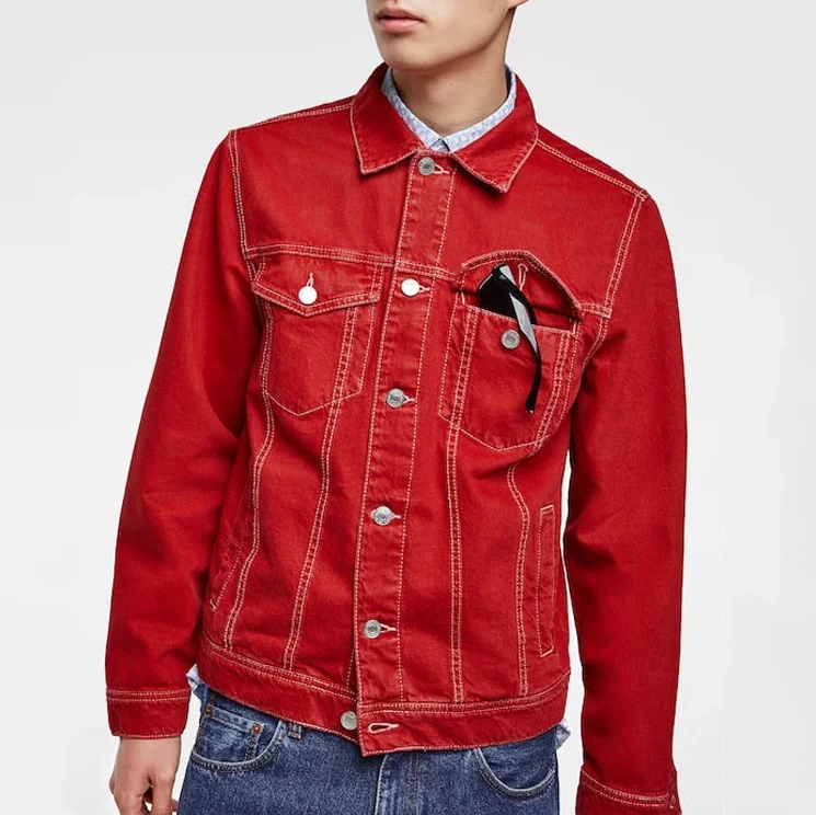 Mens Red Contrast Stitch Denim Jacket