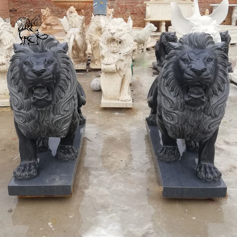 Life Size Garden Animals Natural Stone Sculpture Black Marble Lion ...