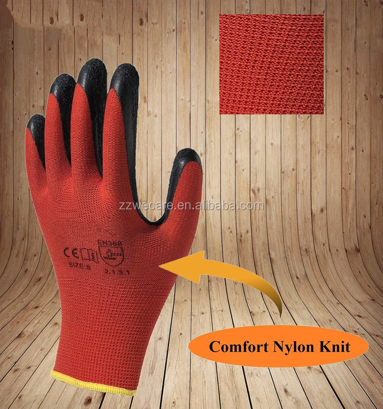 Non Slip Coating Red Nylon Knit Rubber Palm Coated Crinkle Latex Protection Safety Work Gloves