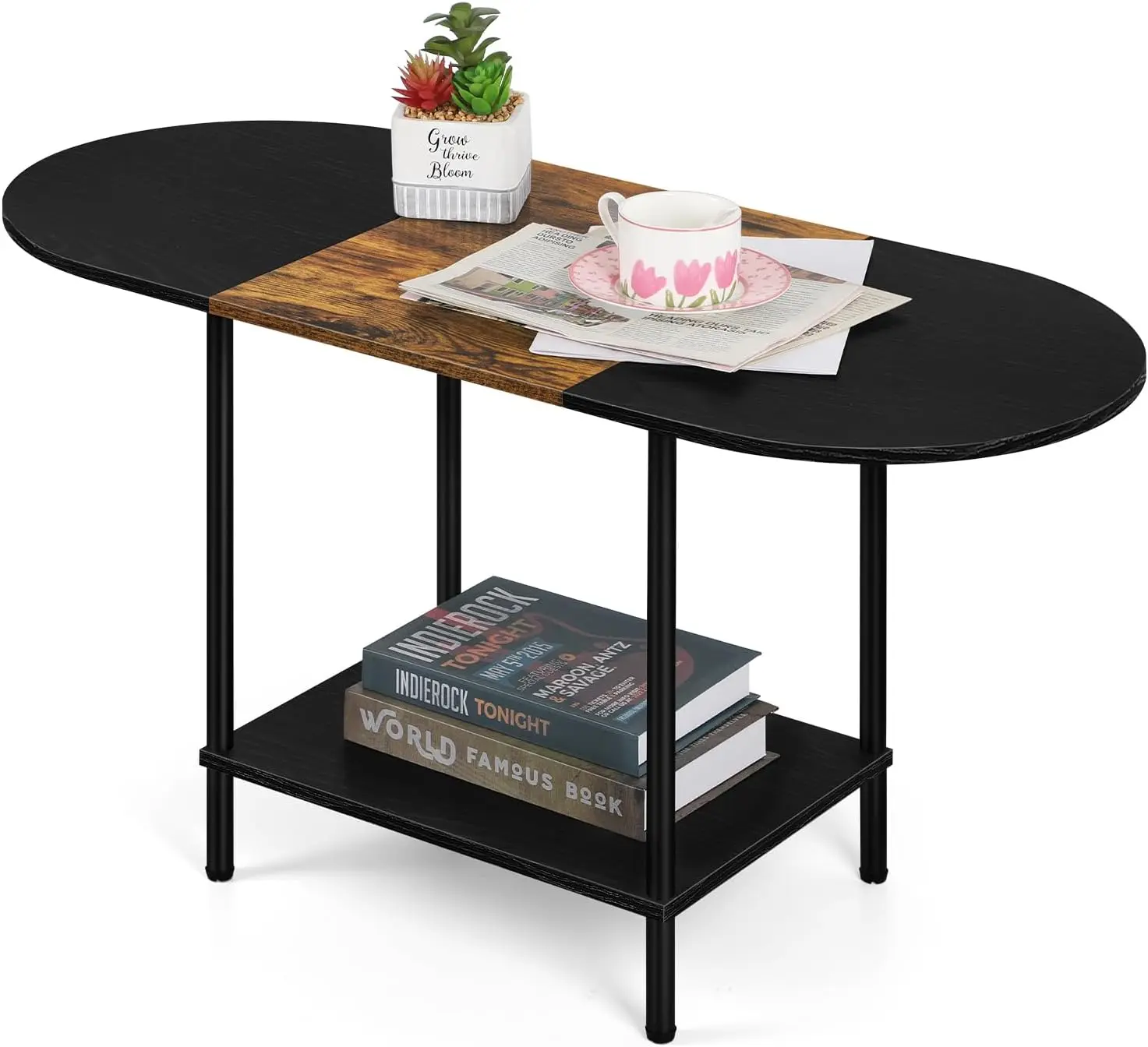 2 Tier Small Oval Coffee Table Farmhouse Center Table With Storage And Wooden Shelf Round Coffee ...