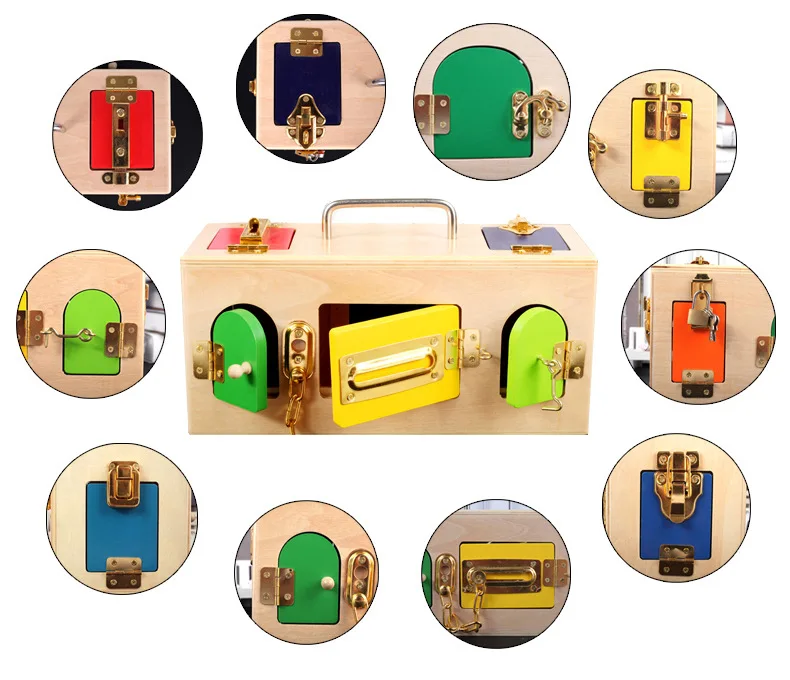 Montessori Wooden Toys Colorful Lock Box Kids Children Preschool