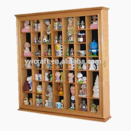Wall Curio Cabinet Display Glass 2 Door Teak Carved DisplayGifts Figurines Case 