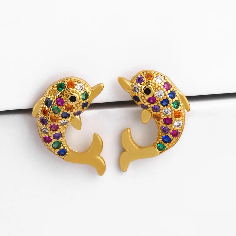 New Fashion 18K Gold Plated Rainbow Zircon Earrings Animal Elephant Dolphin Stud Earrings for Women