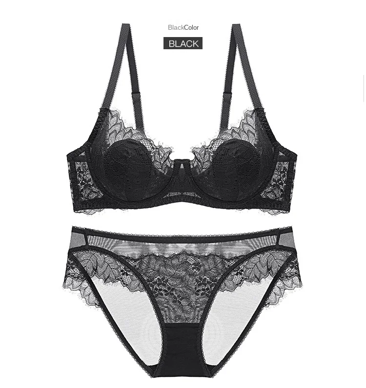 Women's Sexy Lace Thin Transparent Bra Set Large Size Wire-Free Support Adjusted Straps Breathable Solid Pattern Waist Thongs