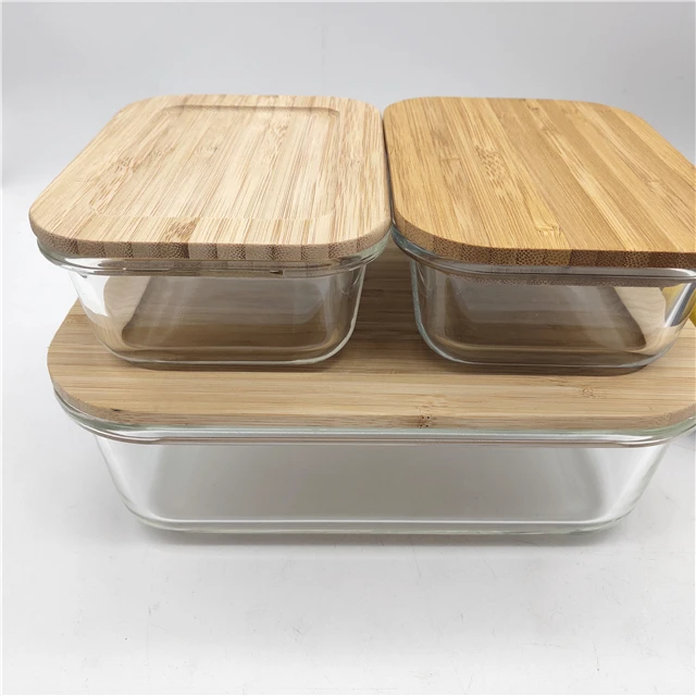 Allahome 300ml Rectangle Bamboo Lid Food Storage Container Glass Lunch