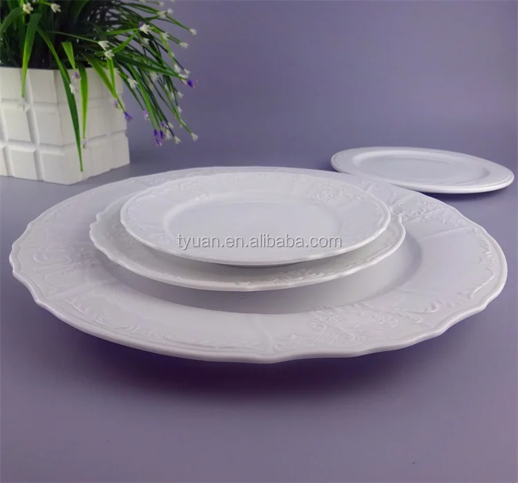 Porcelain round Emboss Artistry Wedding Dishes Pottery Dinner Plate with Plant Pattern for Restaurant and Camping details