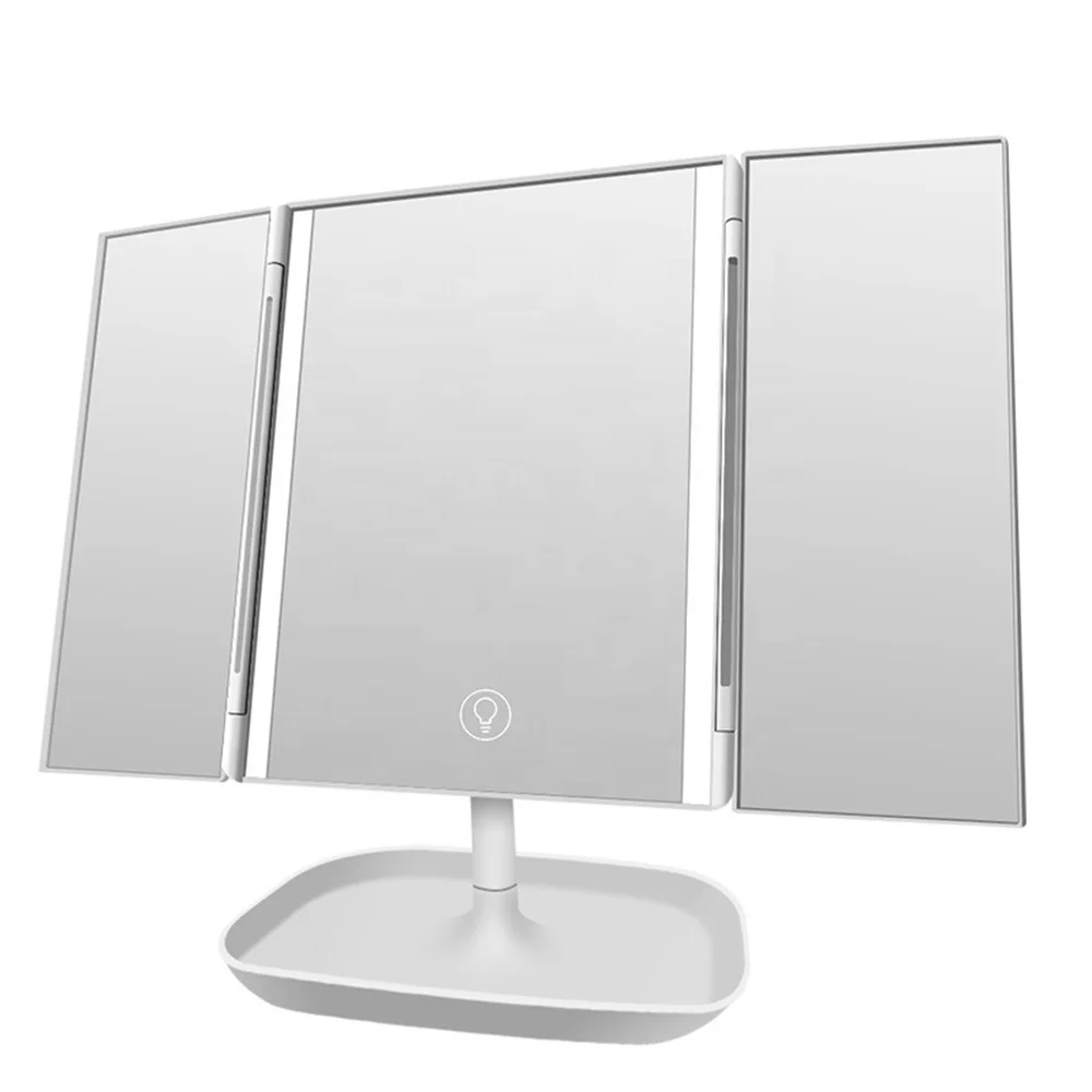 Hot Sale Tri fold Professional Touch Screen Magnifying Rotating Desktop Dimmer Lighted Led Led Trifold Mirror Makeup Mirror