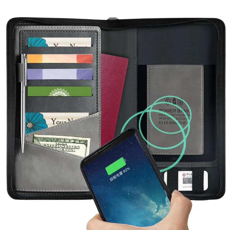
PU leather powerbank charging wallet with wireless charger power bank travel wallet rfid blocking wallet 