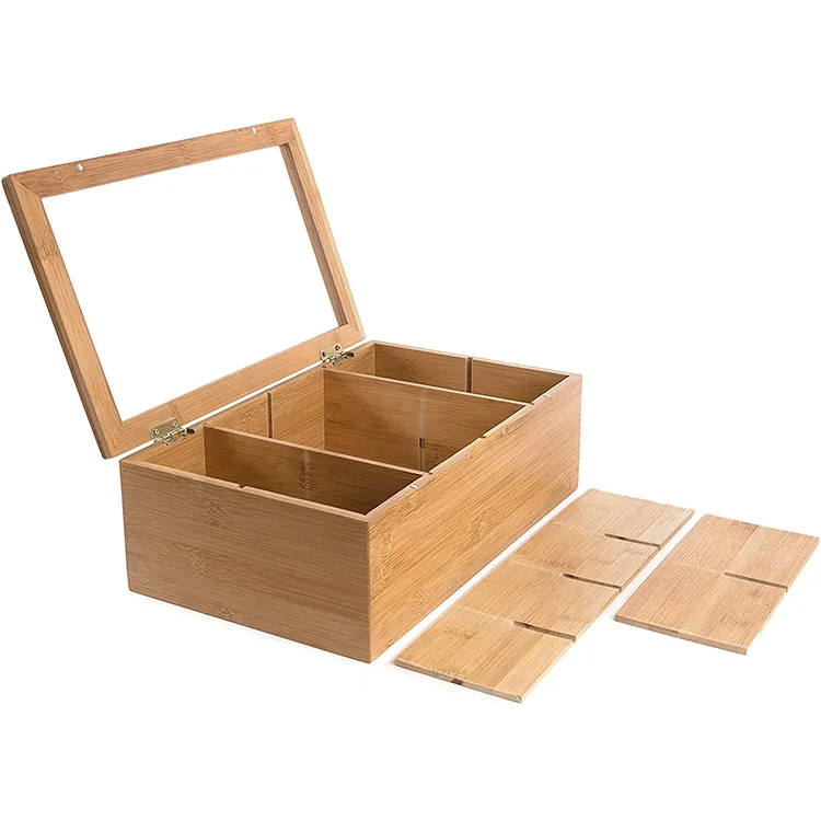 Wholesale Natural Bamboo Tea Box With Clear Hinged Lid,8 Storage