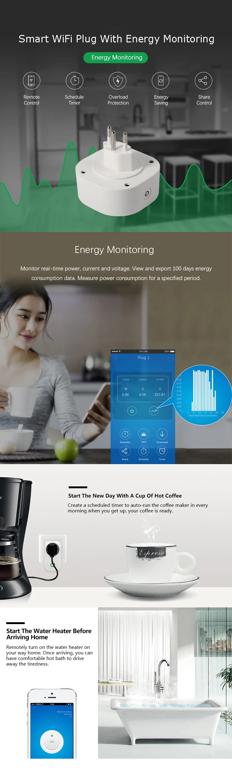 Tuya Smart Home Energy Meter 3 Pin Smart Homekit Wifi Socket Brazil