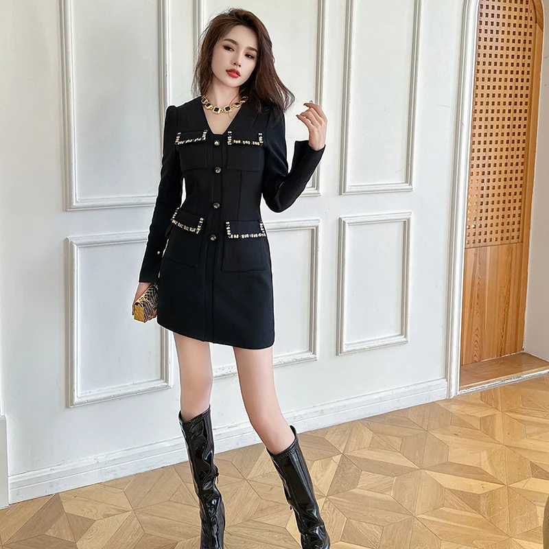 ZYHT 9732 Korean Loose Short Rhinestones Crystal Blazer Dresses Women Lady  Elegant Formal Long Sleeve Black Dress