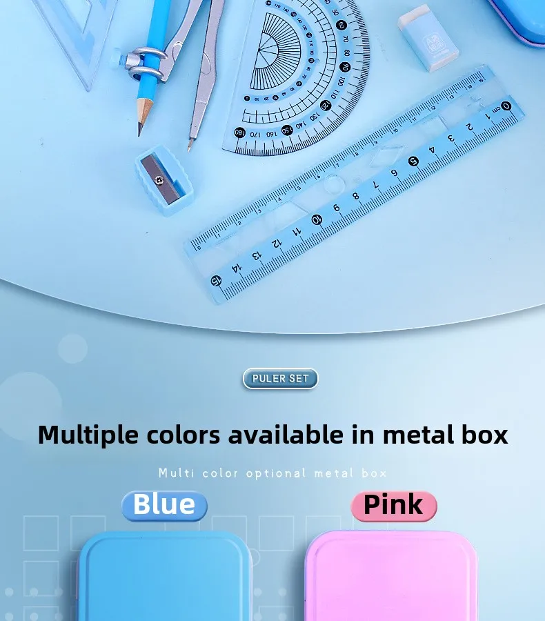 7-Piece High-Appealing Multifunctional Student Stationery Set Primary School Essential with Compasses Rulers Erasers