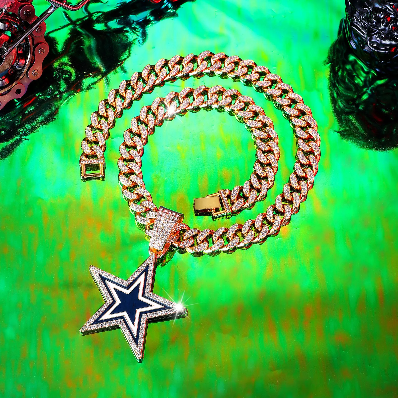 product european american style full diamond blue five pointed star pendant necklace fashionable hip hop design for men women for gift-9