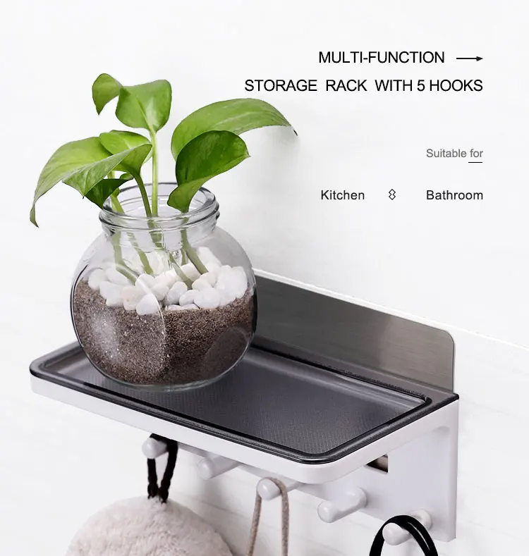 2020 Household multi-function wall mounted hanging plastic storage rack shelf with 5 hooks bathroom kitchen living room