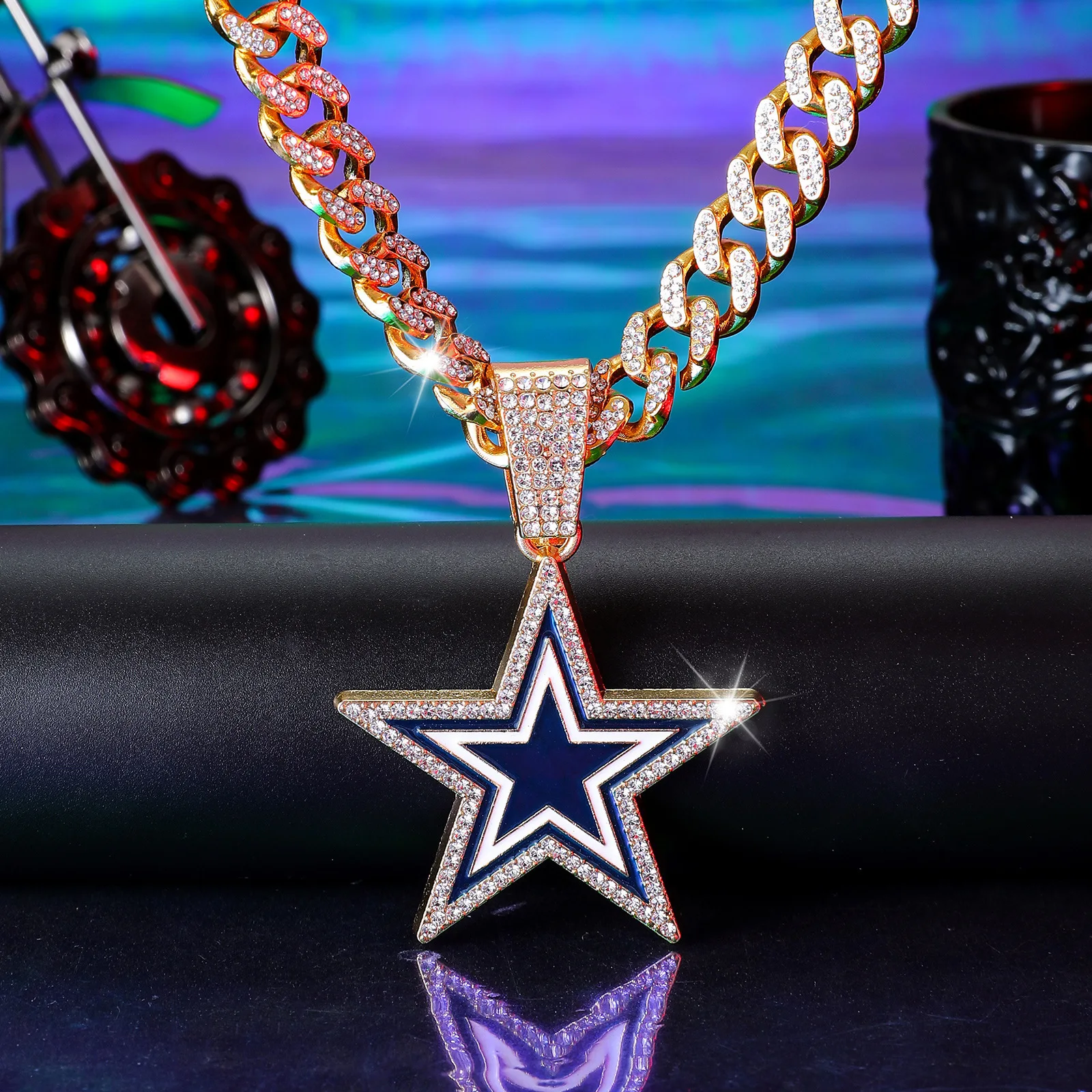 product european american style full diamond blue five pointed star pendant necklace fashionable hip hop design for men women for gift-6