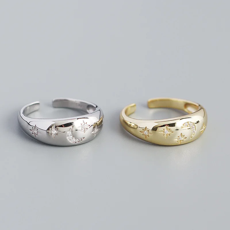 Women's Retro Light Luxury S925 Silver Ins Ring with Geometric Star Moon Diamond Niche Opening Lab Diamond Ring