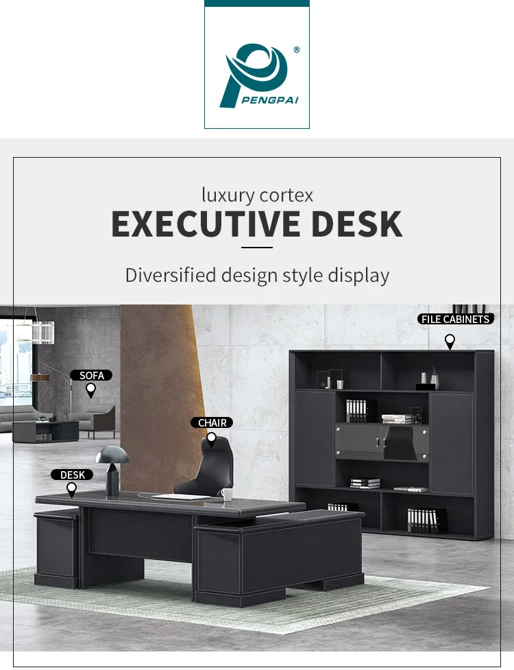 Pengpai Black Brand New Boss Table Office Desk Design With Side Cabinet