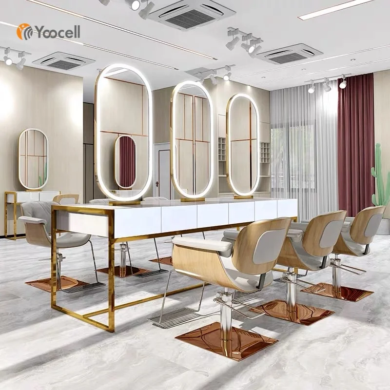 Yoocell Luxury Makeup Salon Furniture Two Sides Hairdressing Styling Mirror Station With Dryer
