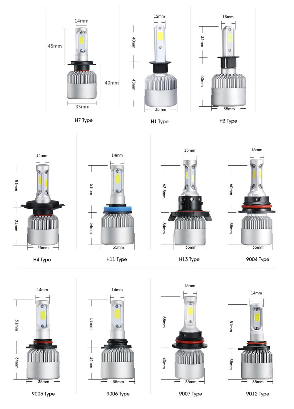 Hot Sales S2 Cob Car Headlight H1 H4 H7 H13 H11 48w 12000lm High Power