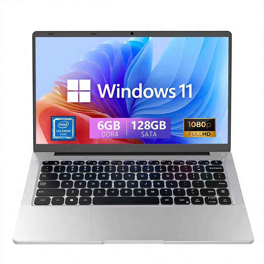 Photograph of a 14-inch laptop open on a café table next to coffee and notebook