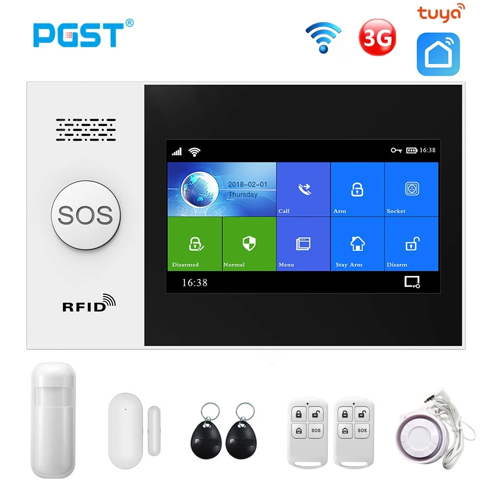 PGST WiFi/GSM 4G Draadloze Home Inbreker Alarmsysteem Kits, Tuya Smartlife APP, Alexa, met RFID-kaarten, Solar Siren, Raamdeur sensoren, Camera, Bewegingsmelder