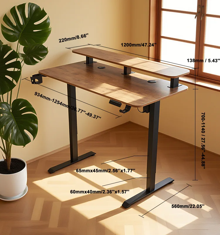 product modern double layer electric lift computer desk adjustable home office study  gaming workbench with iron metal panel wood style-4