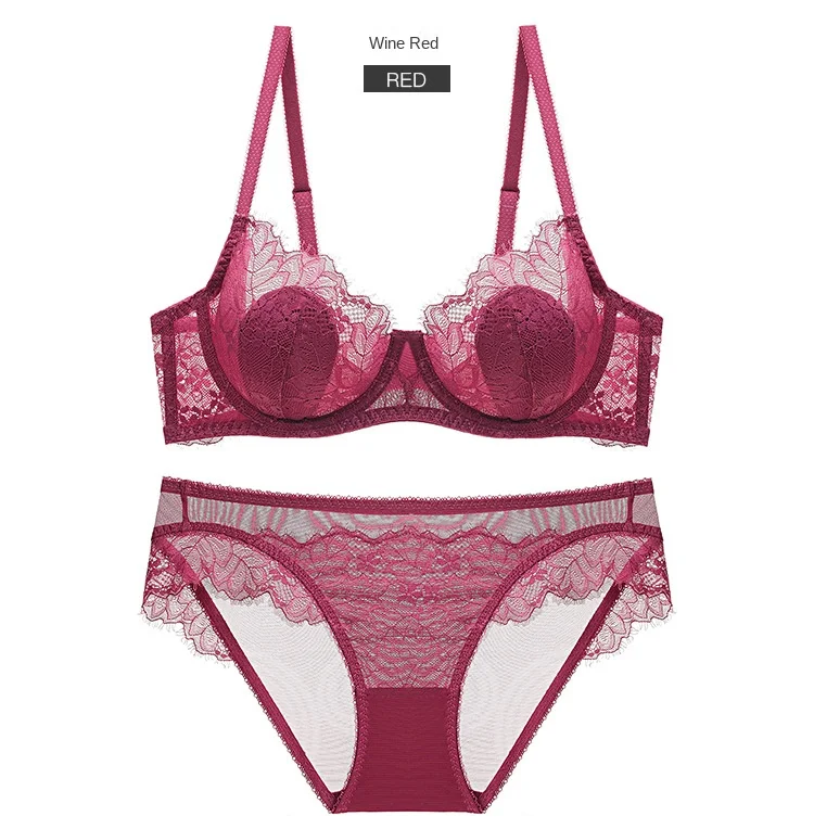 Women's Sexy Lace Thin Transparent Bra Set Large Size Wire-Free Support Adjusted Straps Breathable Solid Pattern Waist Thongs
