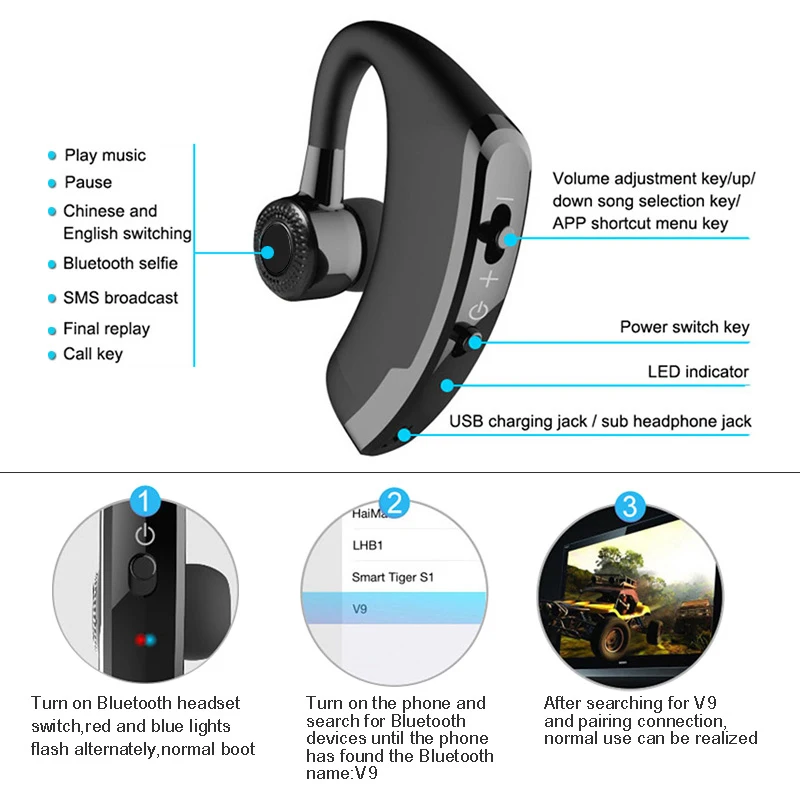 New Wireless Headphone V9 Bluetooths 4.1 headset Business Voice Control Ture Stereo Earhook Earphone with mic Handsfree - ANKUX.COM