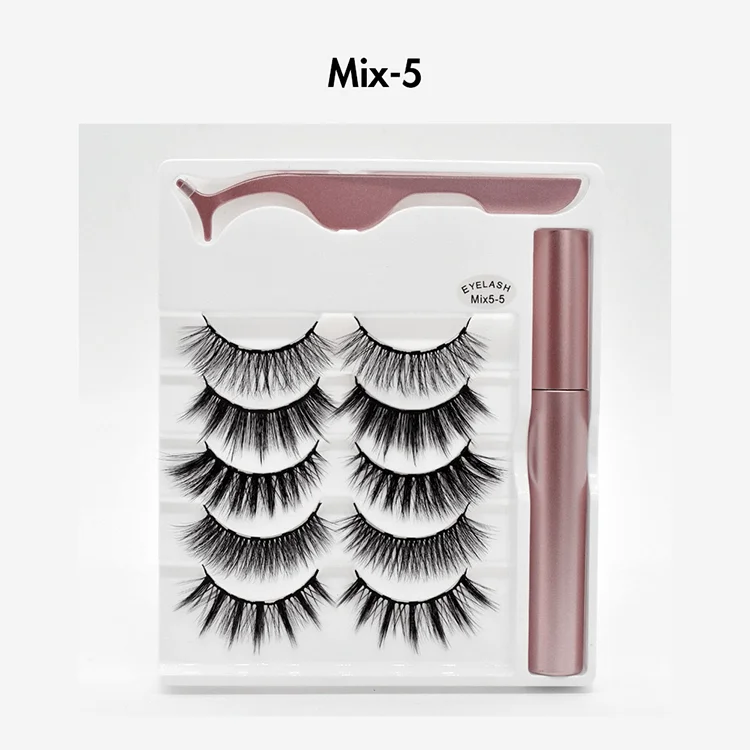 Wholesale 5 Pairs Lash Vendor Private Label Logo Natural 3d Mink  False Eyelashes With Magnetic Liquid Eyeliner Set Eyelashes