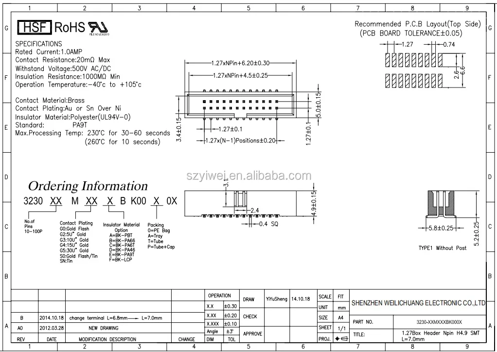 Smt Idc Box Header 1.27 Mm 6 Pin 2x3 Position Male Pin Dual Row