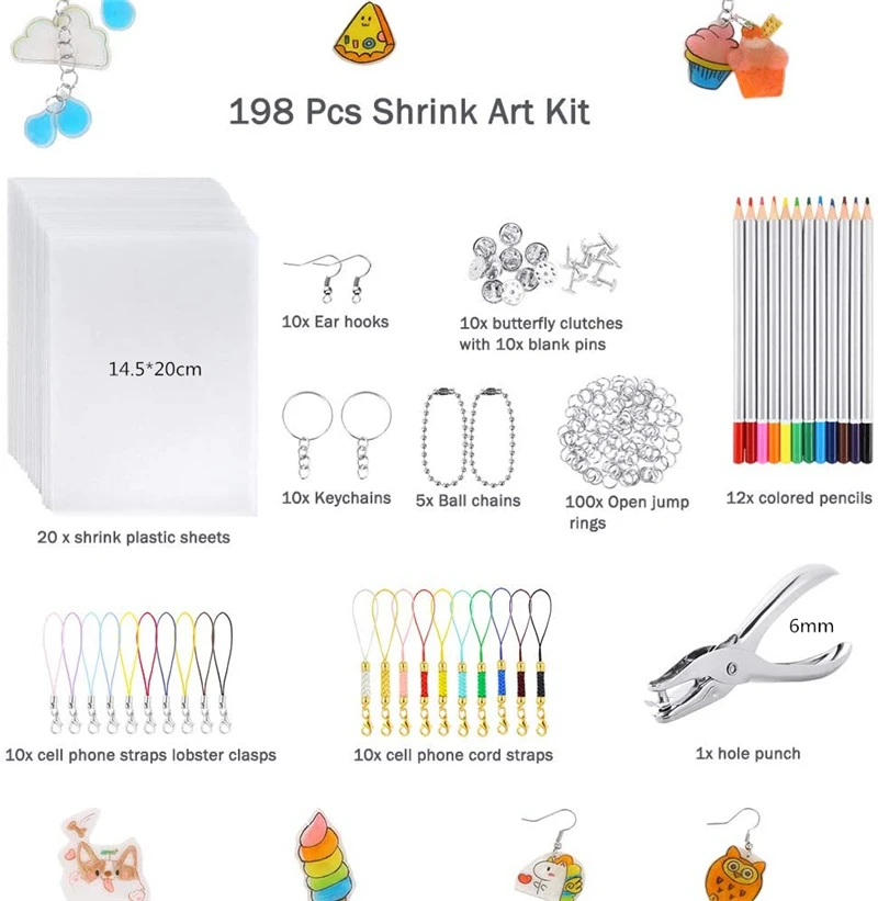 Outus 33 Pieces Heat Shrink Sheet Kit Includes 10 Pieces Shrink Art Paper 12 Pieces Colored Pencils 10 Pieces Key Rings with Hole Punch for DIY Craft 