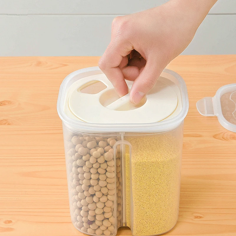 Kitchen Grain Storage Box Plastic Food Container Airtight Can with 4 Divided Compartments for Pasta Rice Dried Fruits factory