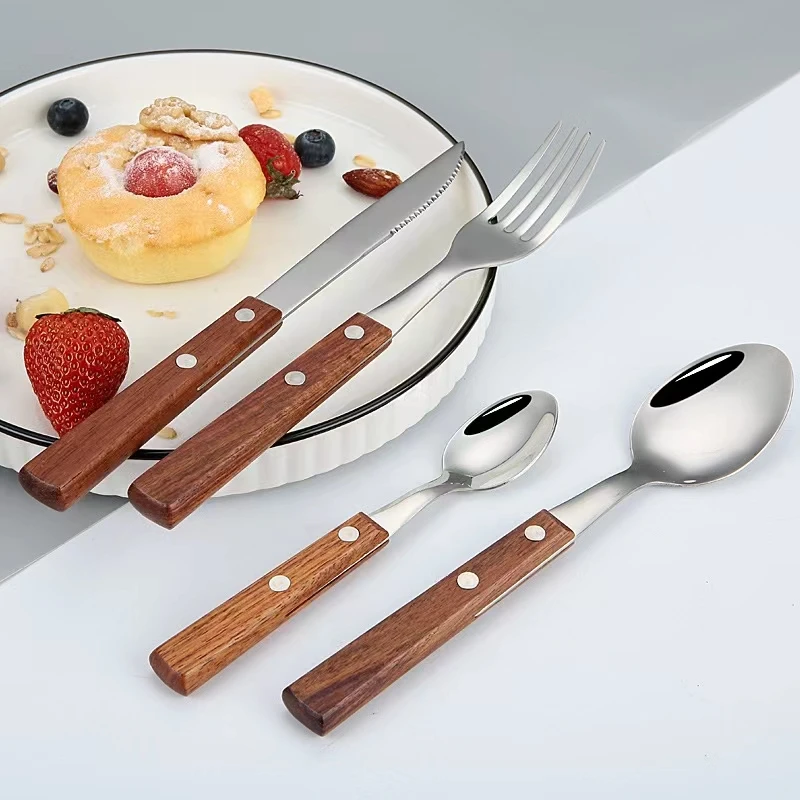 Luxury Korean Woden Cutlery Set Knife Fork Spoon Set Wooden Handle