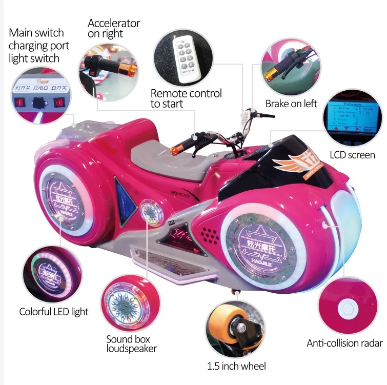 Battery operated amusement park equipment kids rides motorcycle led colorful light motorbike for kids