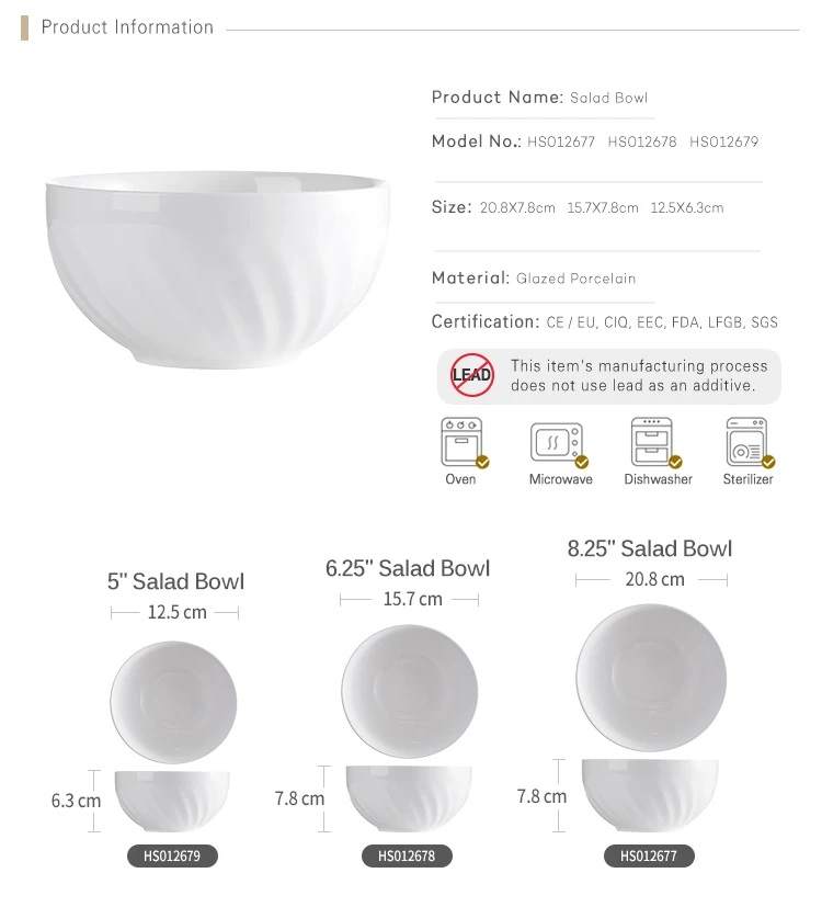5 / 6.25 / 8.25 inch Ramen Bowl Ceramic , White Porcelain Salad Bowl, Crockery Dinnerware Sets&