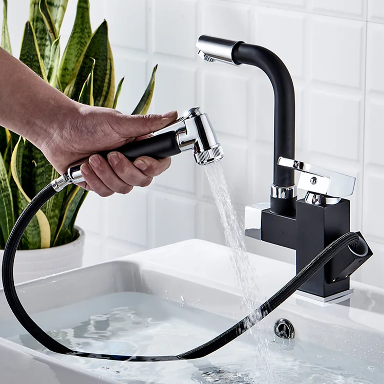 Brass Single Handle Pull Out Pull Down Sink Mixer Polish Black Colour Kitchen Faucet